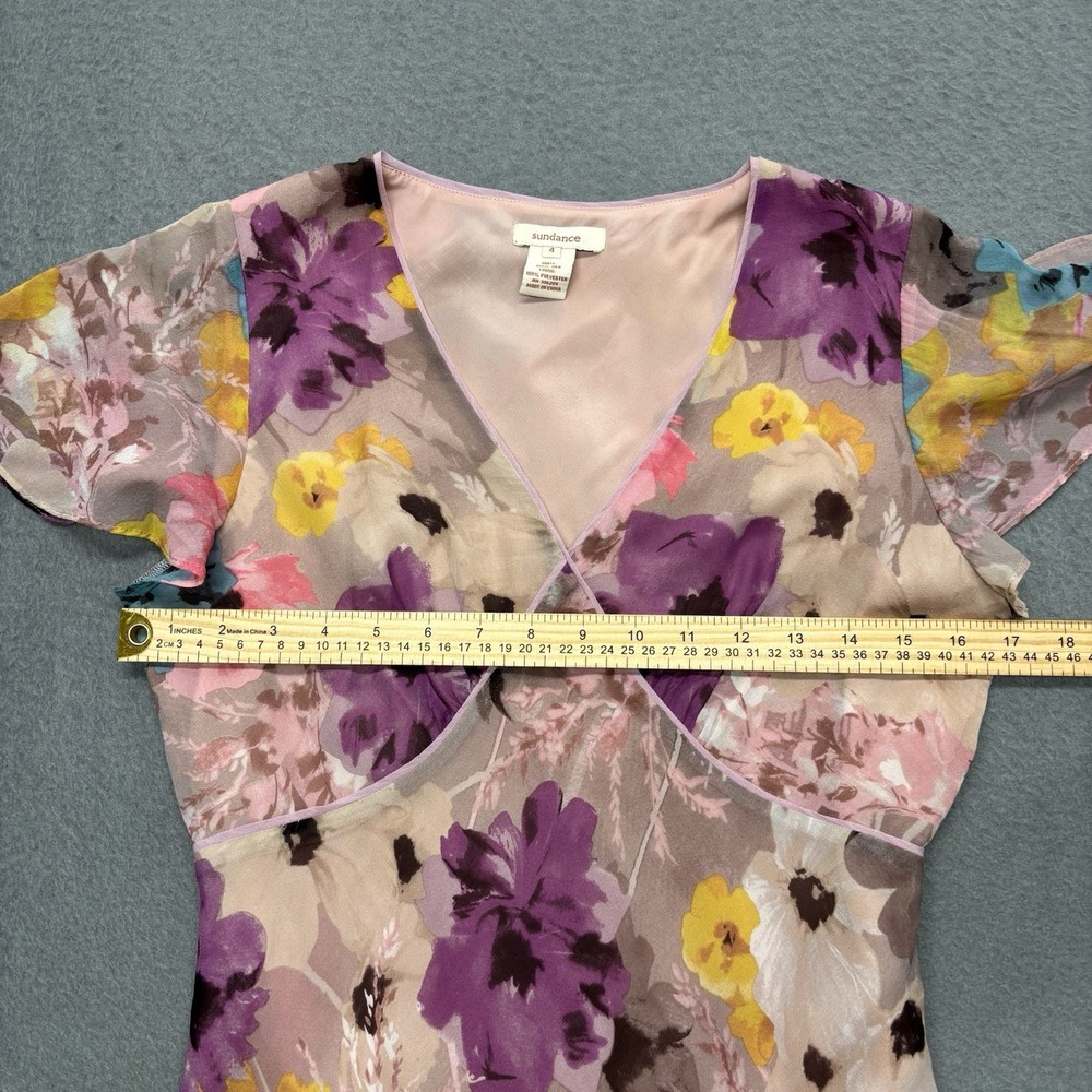 Sundance 100% Silk Chiffon Dress Flutter Sleeve V Neck Floral Whimsy Fairy Sz 4 - Picture 8 of 10